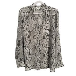 Express Portofino Women's Slim XL Snakeskin Sheer Ruffle Button Roll Tab Blouse